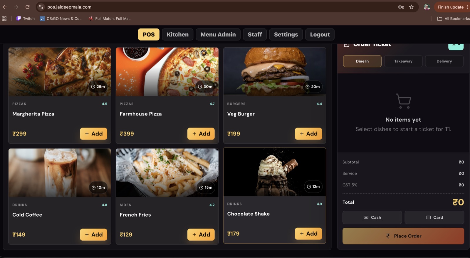 Restaurant POS menu